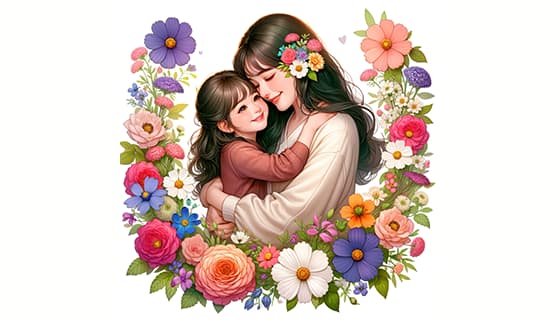 母女拥抱在花朵中间设计母亲节快乐插画图片素材(JPG)
