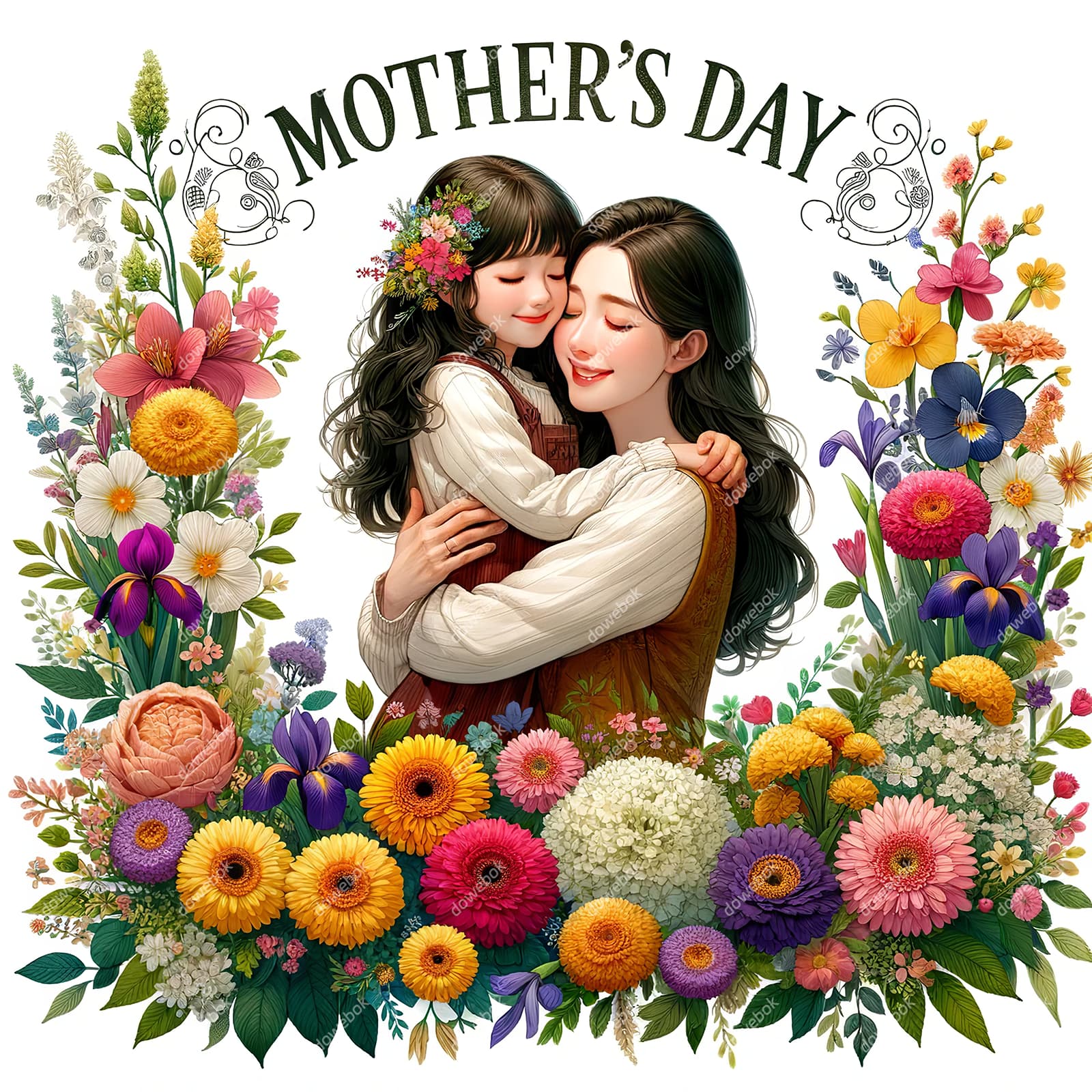 母女拥抱在花朵中间设计母亲节快乐插画图片素材(JPG)