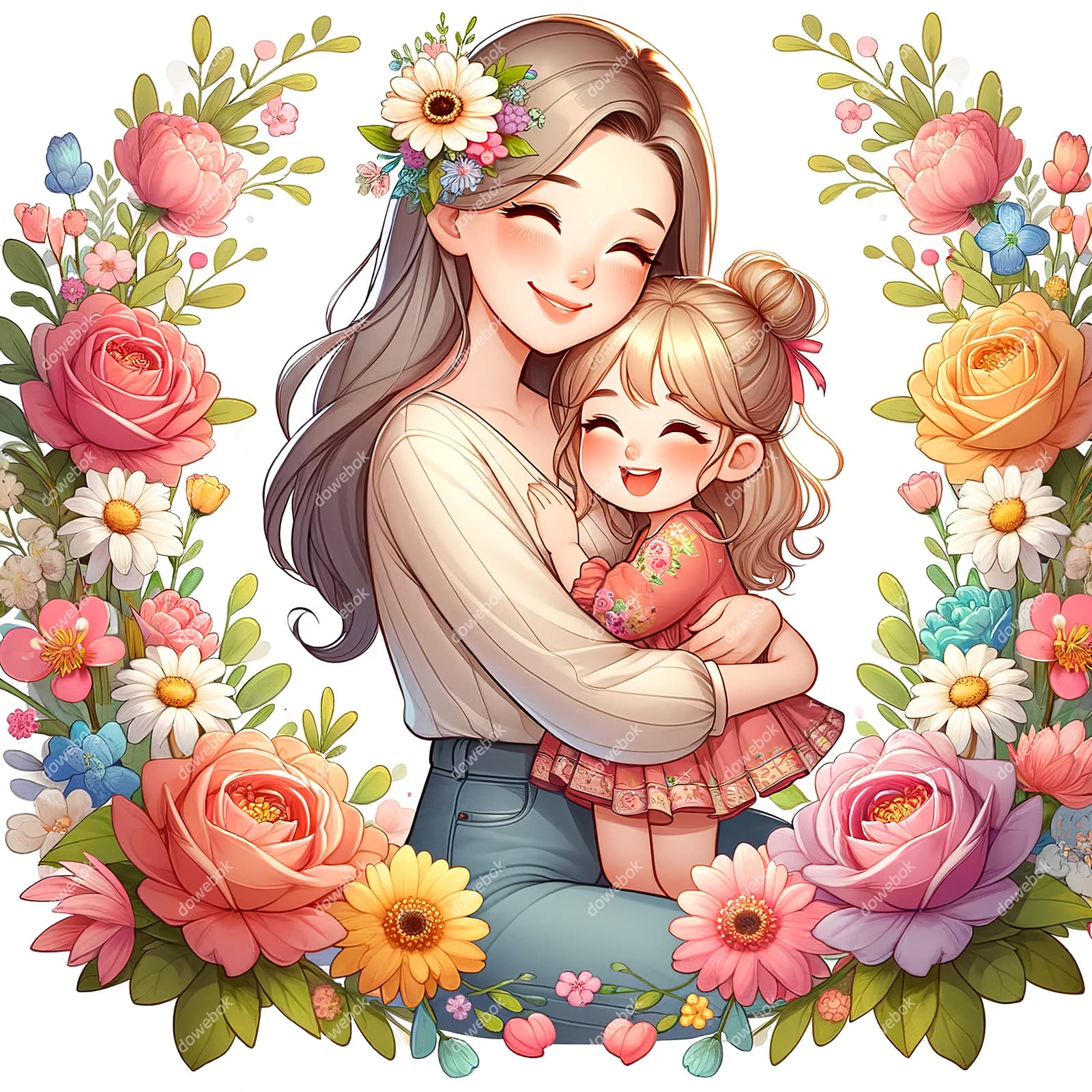 母女拥抱在花朵中间设计母亲节快乐插画图片素材(JPG)