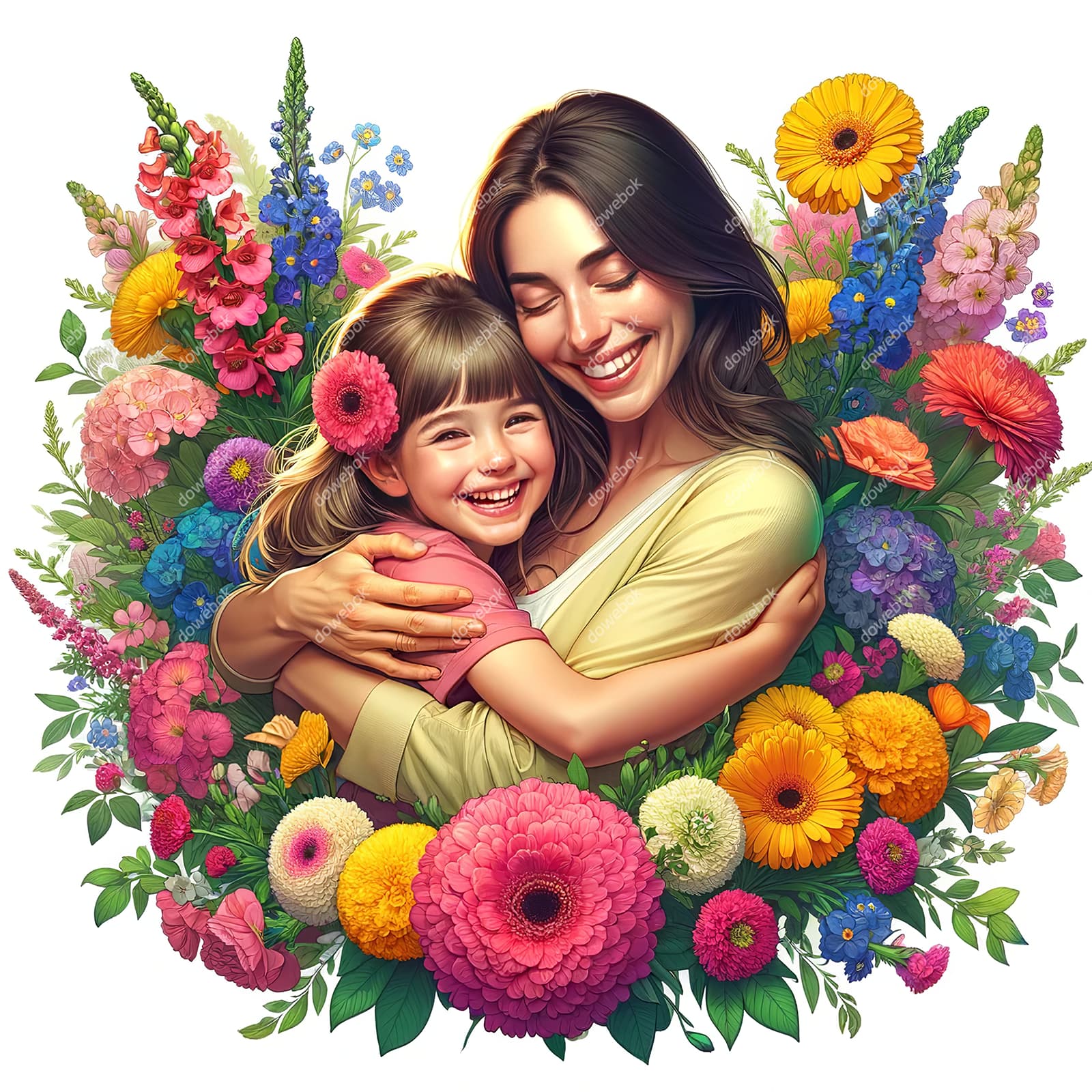 母女拥抱在花朵中间设计母亲节快乐插画图片素材(JPG)