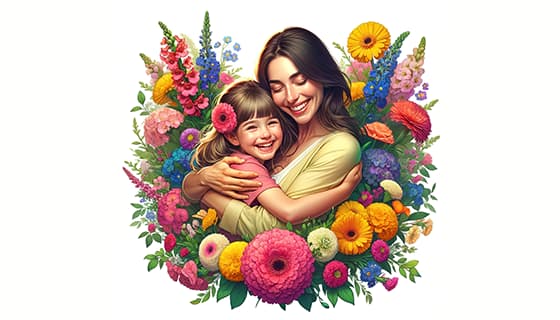 母女拥抱在花朵中间设计母亲节快乐插画图片素材(JPG)