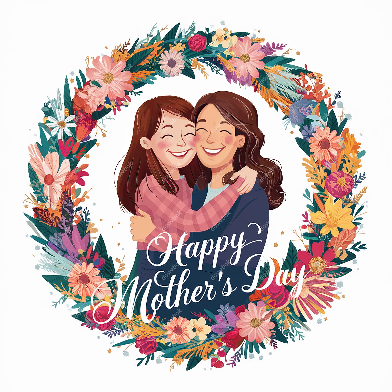 漂亮的花环内母女拥抱设计母亲节快乐图片素材(JPG)