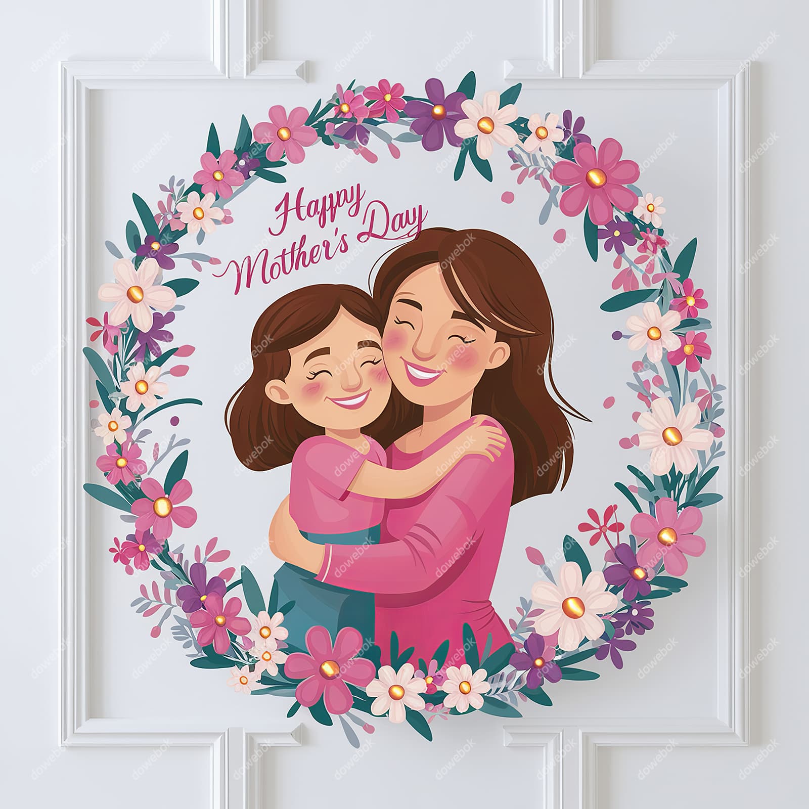 漂亮的花环内母女拥抱设计母亲节快乐图片素材(JPG)