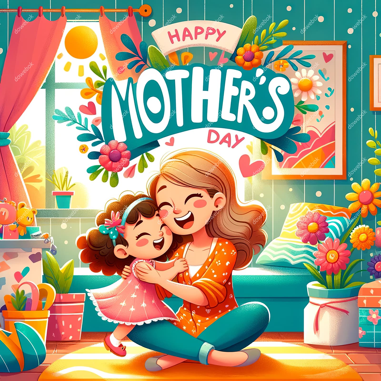 妈妈抱起女儿开心庆祝母亲节快乐插画图片素材(JPG)
