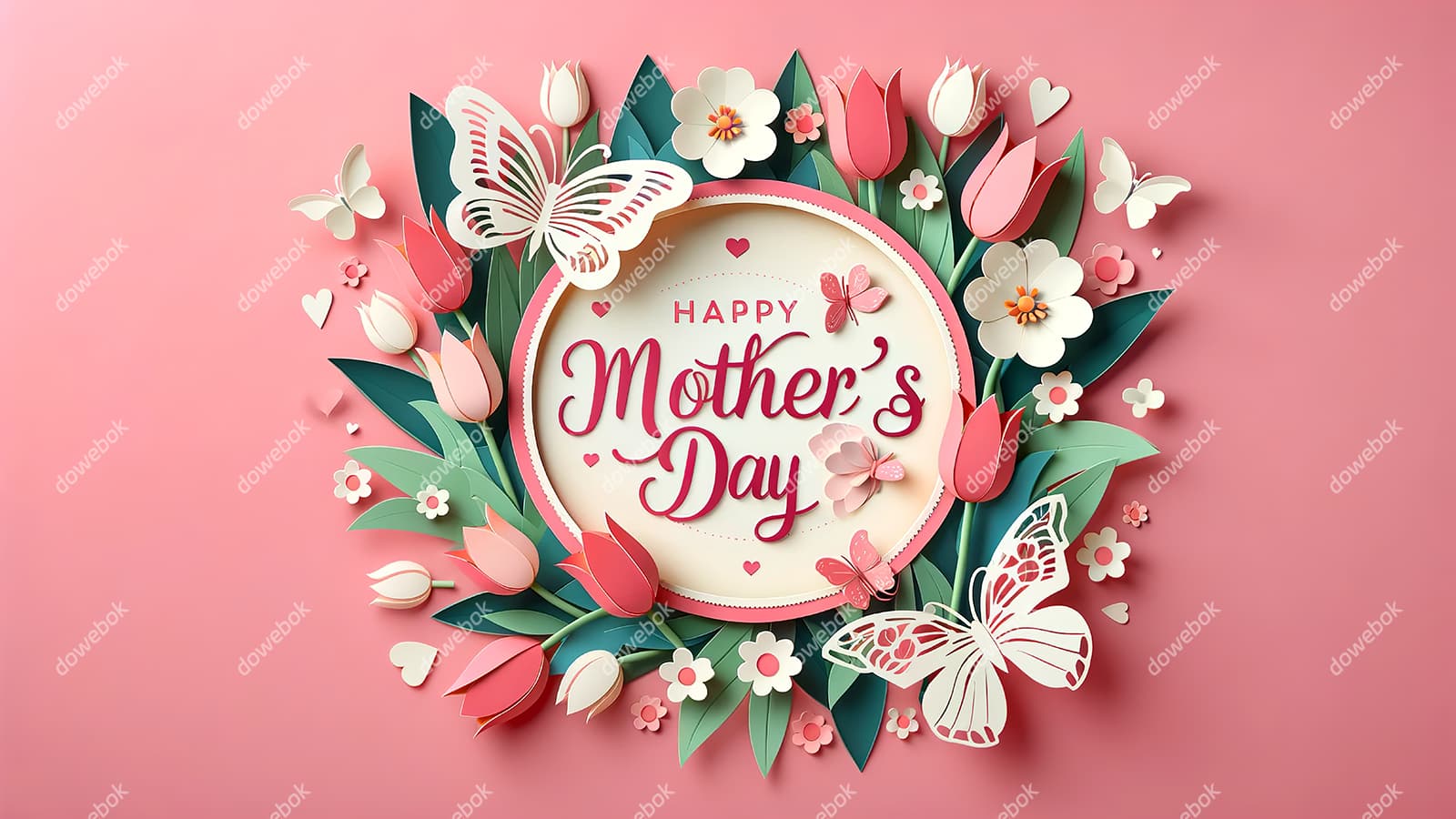 漂亮的花朵和蝴蝶设计粉色母亲节快乐贺卡/背景图片素材(JPG)