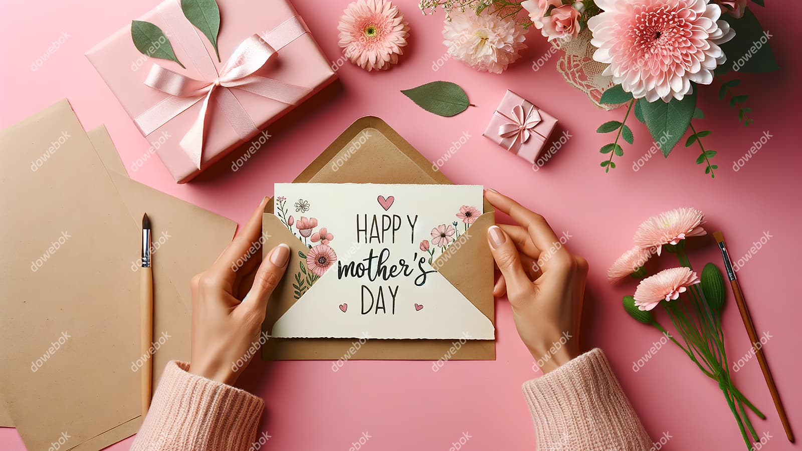 母亲拆开收到的母亲节贺卡图片素材(JPG)