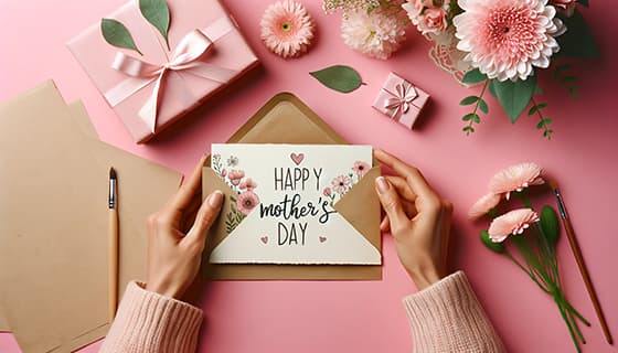 母亲拆开收到的母亲节贺卡图片素材(JPG)