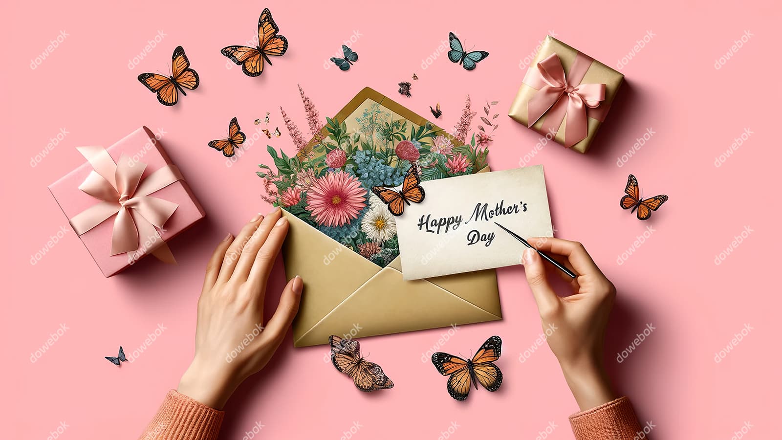 母亲拆开收到的母亲节贺卡图片素材(JPG)