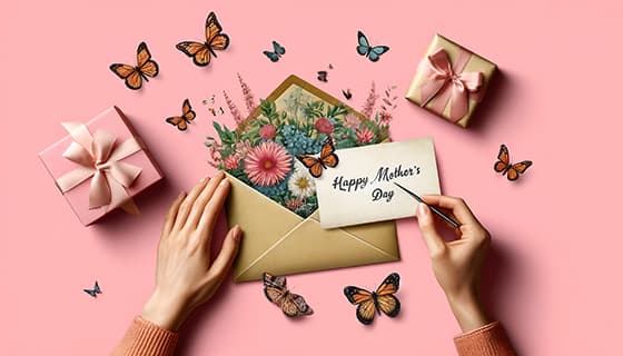 母亲拆开收到的母亲节贺卡图片素材(JPG)