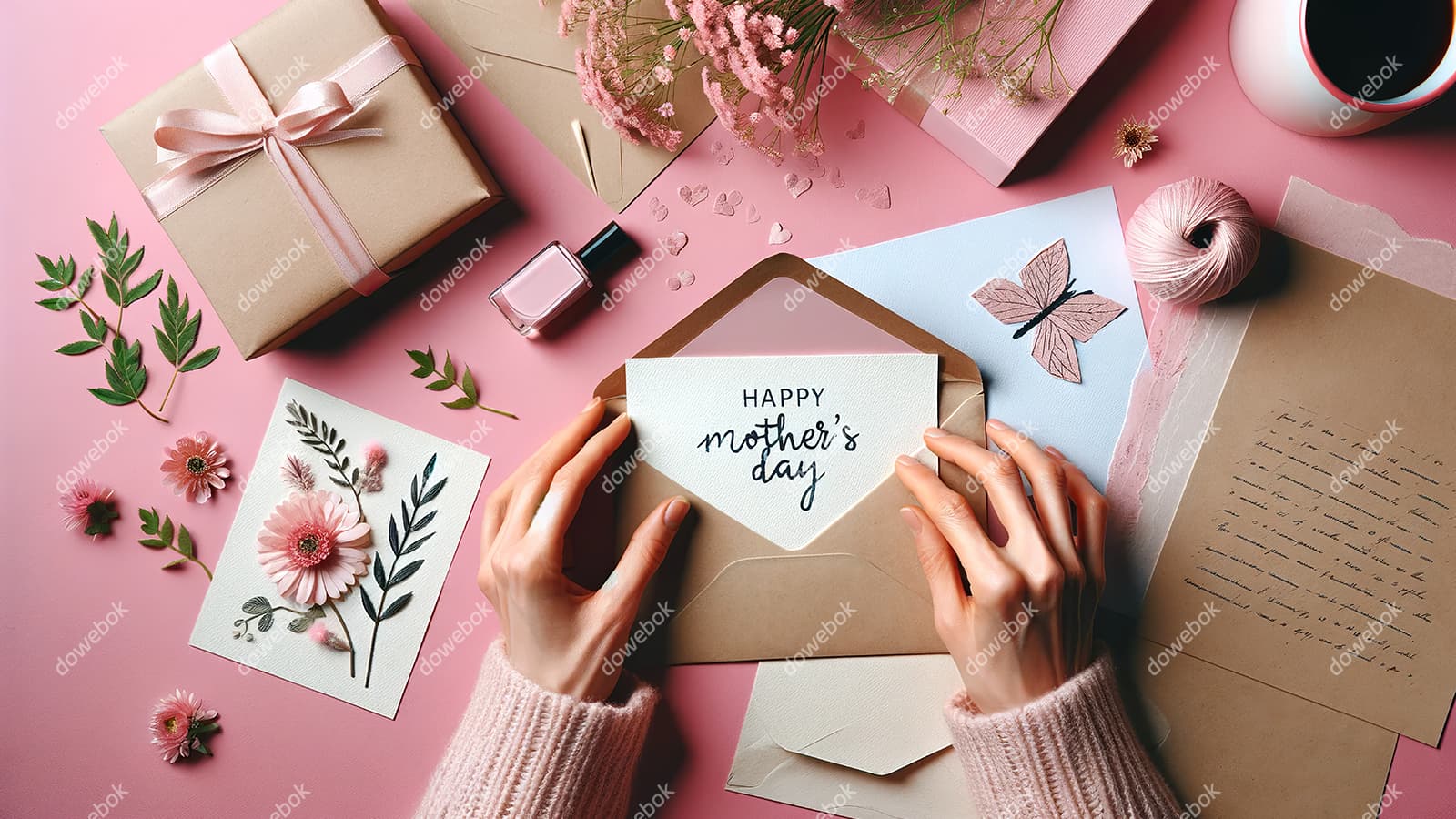 母亲拆开收到的母亲节贺卡图片素材(JPG)