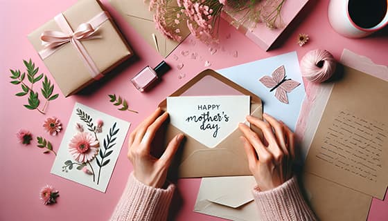 母亲拆开收到的母亲节贺卡图片素材(JPG)