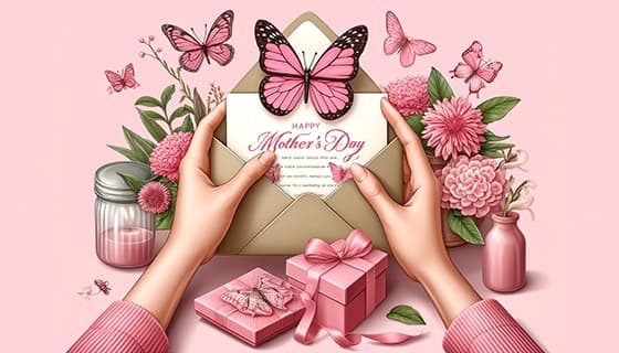 母亲拆开收到的母亲节贺卡图片素材(JPG)