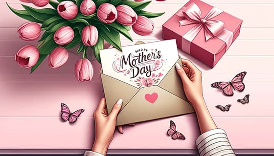 母亲拆开收到的母亲节贺卡图片素材(JPG)