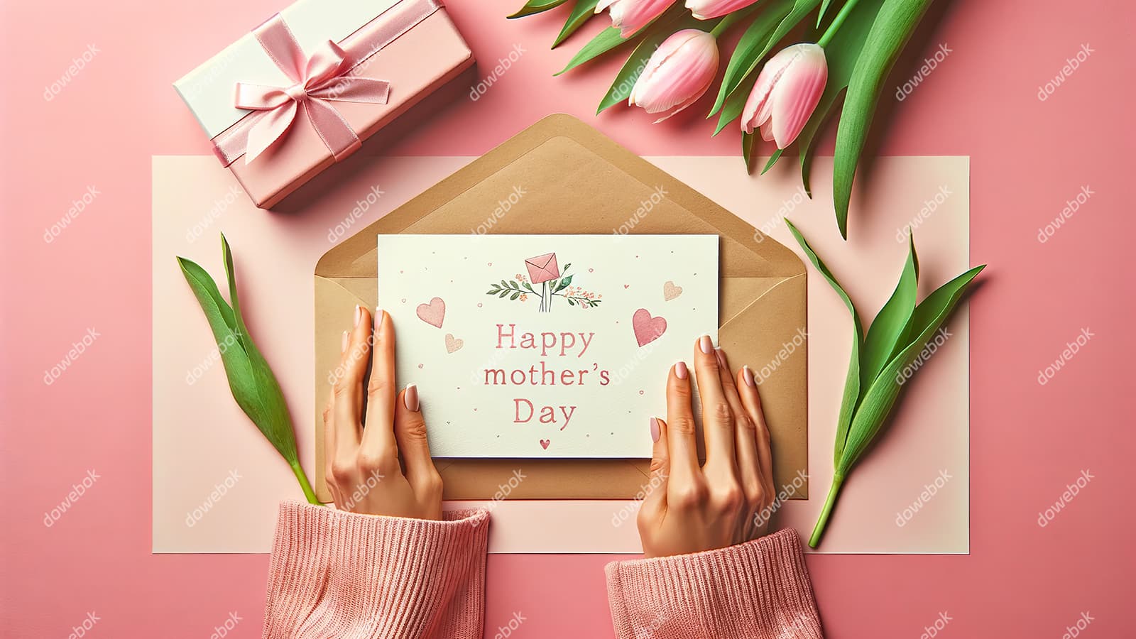 母亲拆开收到的母亲节贺卡图片素材(JPG)