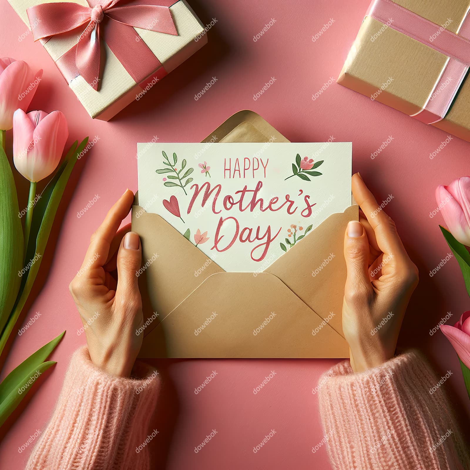 母亲拆开收到的母亲节贺卡图片素材(JPG)
