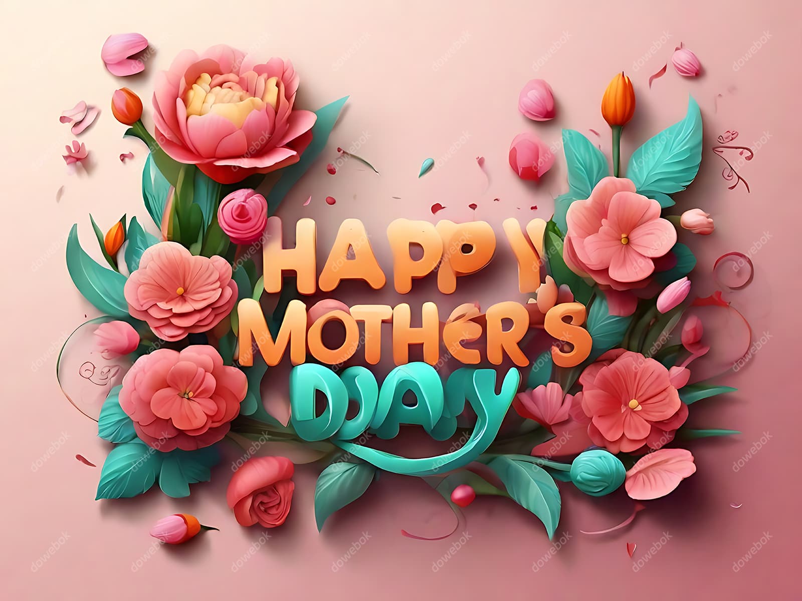 多彩漂亮花卉和 happy mother’s day 字母设计母亲节背景图片素材(JPG)