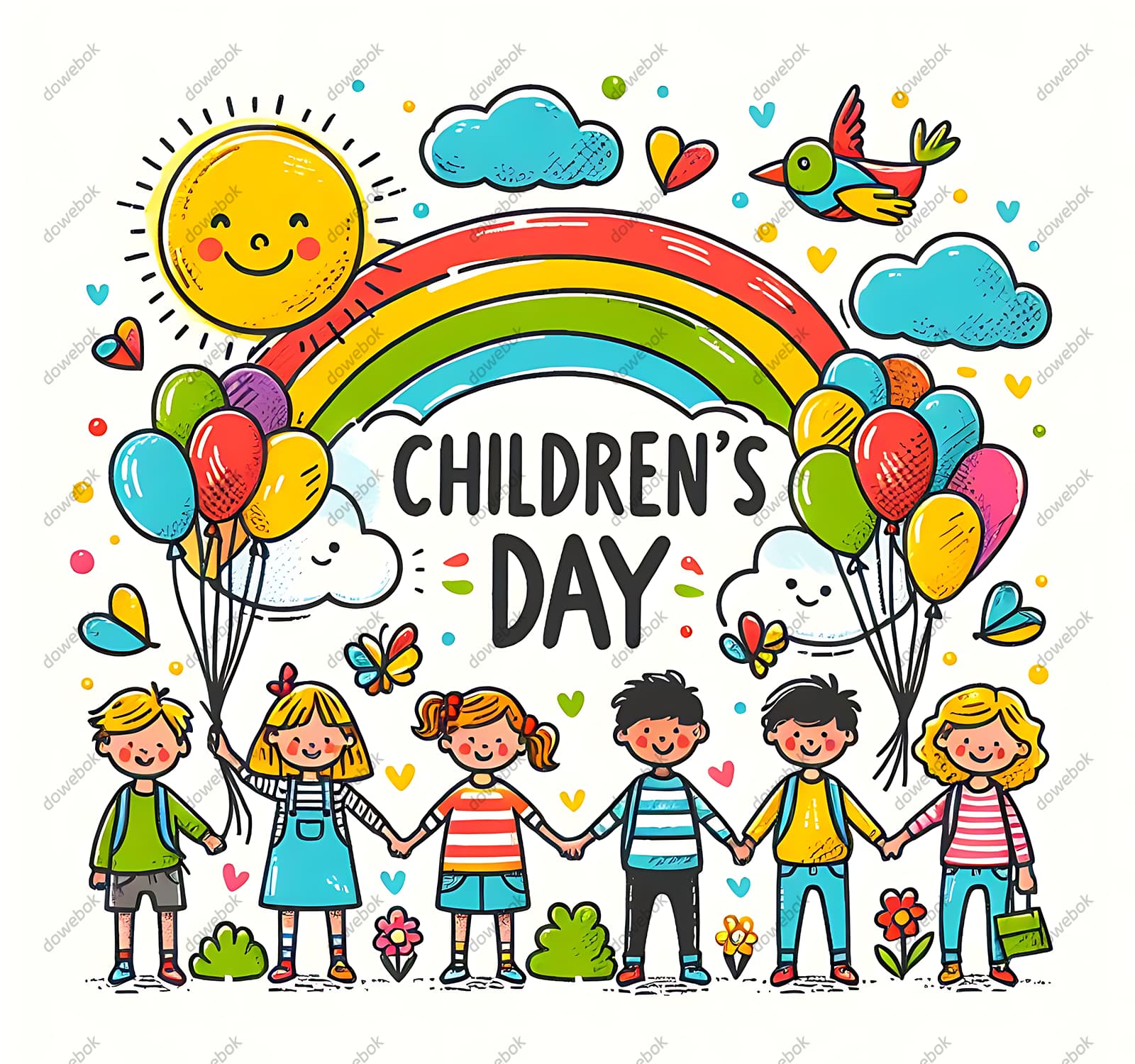 拿着气球庆祝儿童节的小朋友们图片素材(JPG)