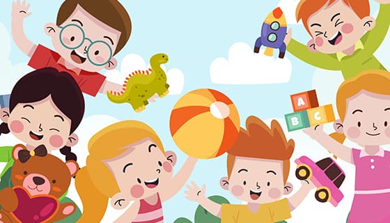 拿着各种玩具庆祝儿童节的小朋友们矢量素材(AI/EPS)