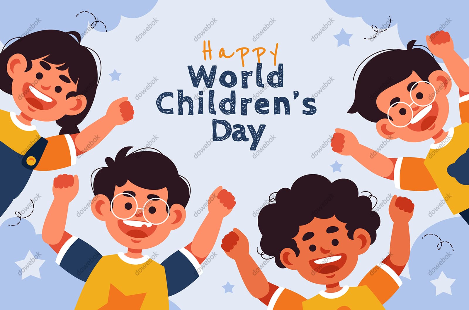 举起双手微笑的四个小朋友设计儿童节背景矢量素材(AI/EPS)