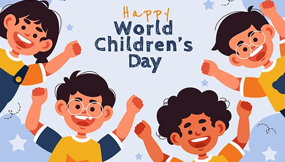 举起双手微笑的四个小朋友设计儿童节背景矢量素材(AI/EPS)