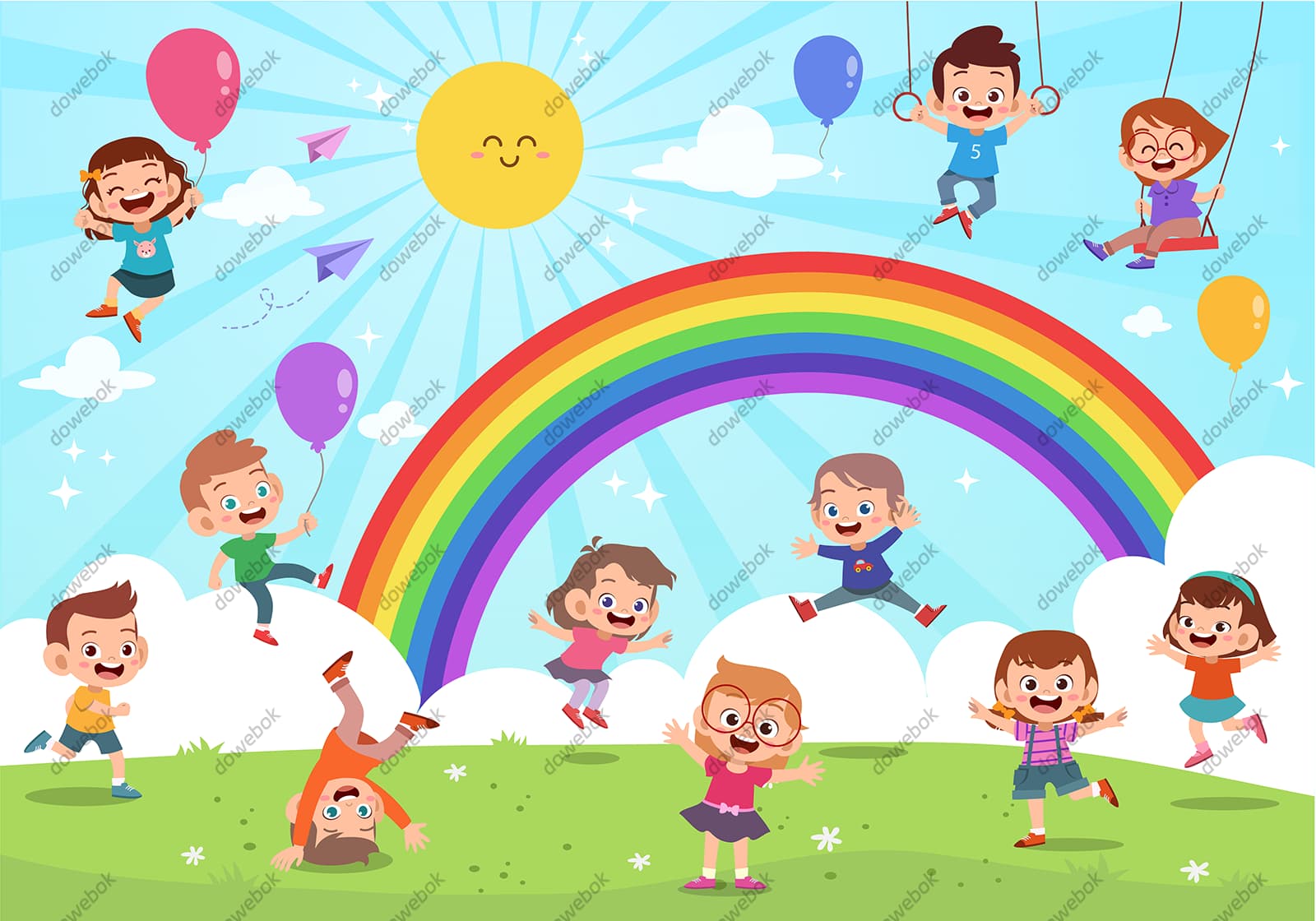 草地上愉快玩耍的小朋友们矢量素材(EPS)