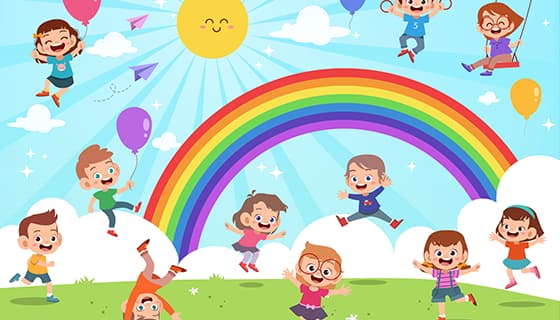 草地上愉快玩耍的小朋友们矢量素材(EPS)