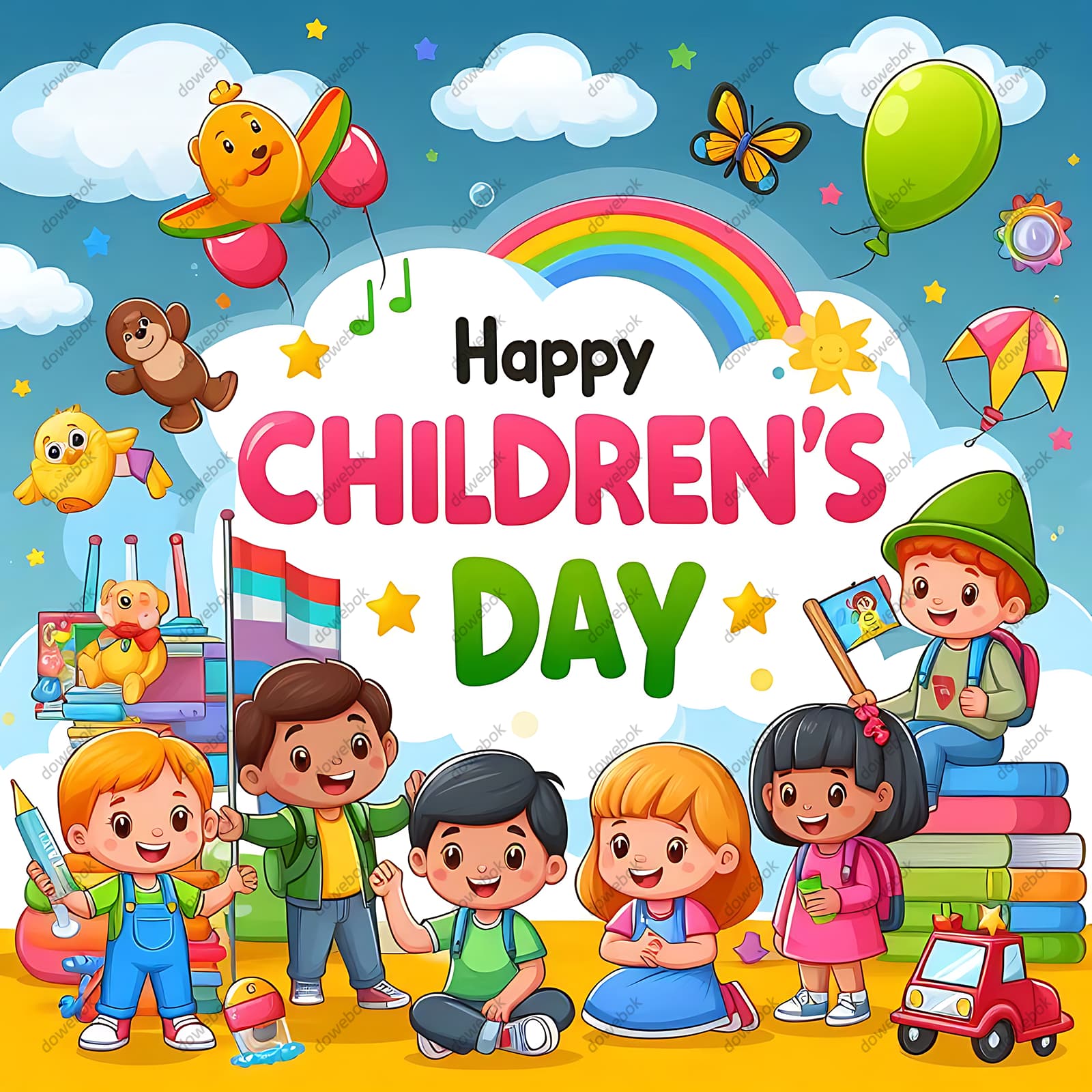 快乐庆祝六一儿童节的小朋友们矢量素材(JPG)