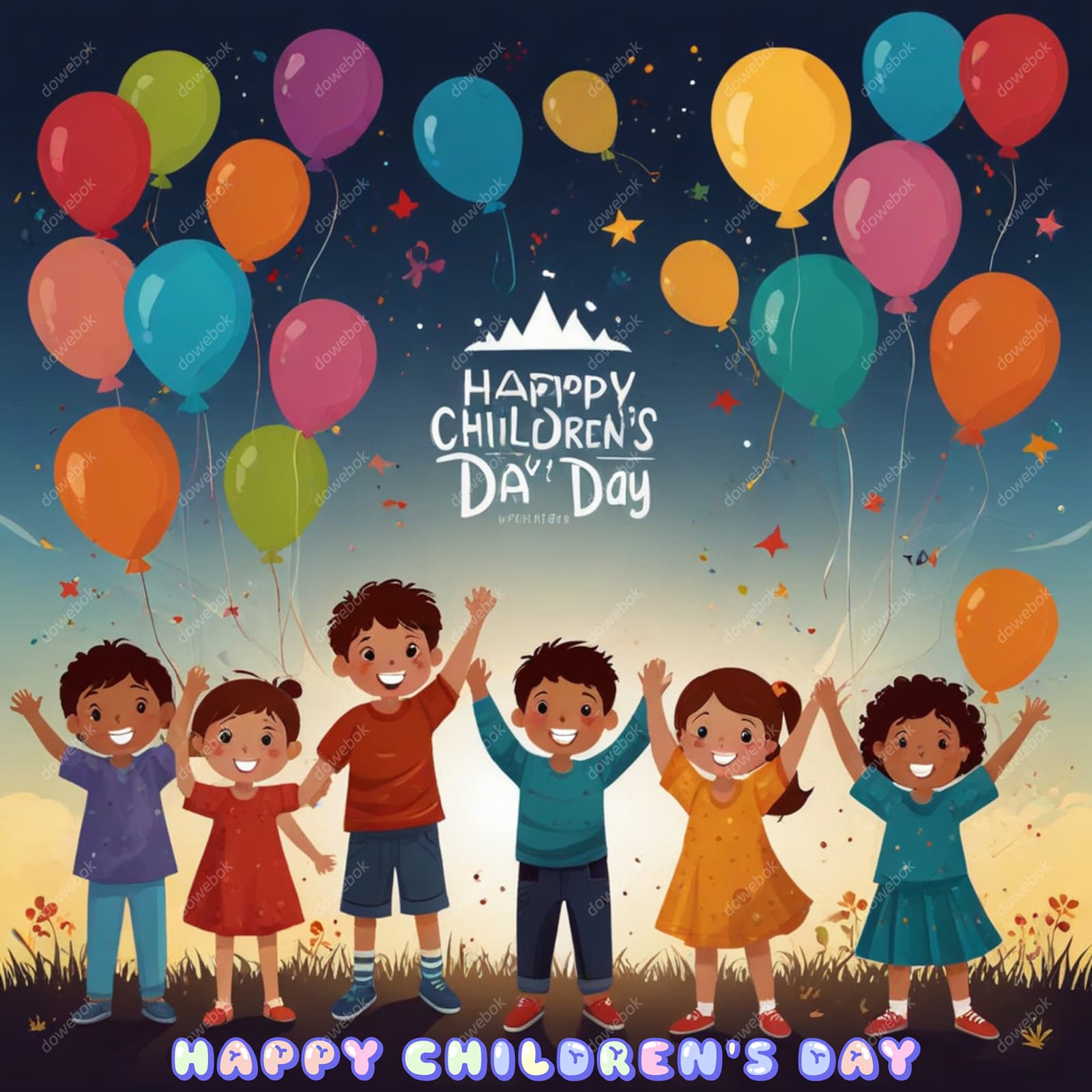 拿着气球庆祝六一儿童节的小朋友们矢量素材(JPG)