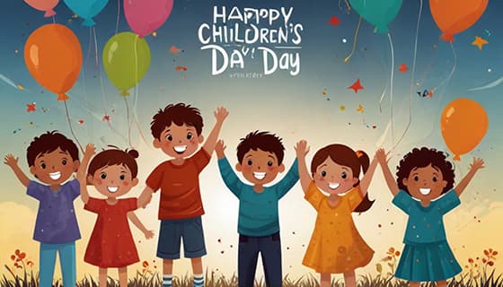 拿着气球庆祝六一儿童节的小朋友们矢量素材(JPG)