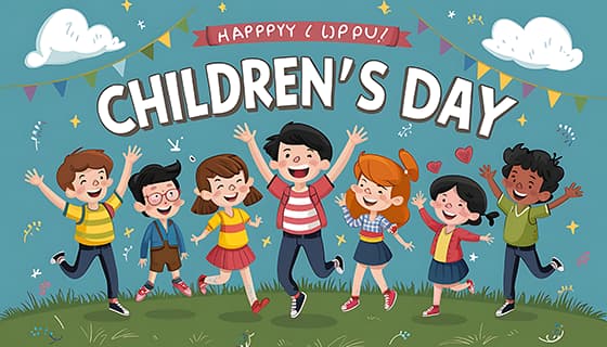 跳跃起来庆祝六一儿童节的小朋友们图片素材(JPG)