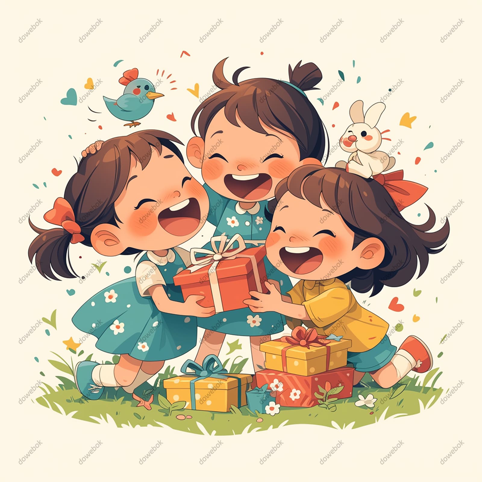 六一儿童节收到礼物开心大笑的小朋友矢量素材(EPS)