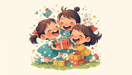 六一儿童节收到礼物开心大笑的小朋友矢量素材(EPS)