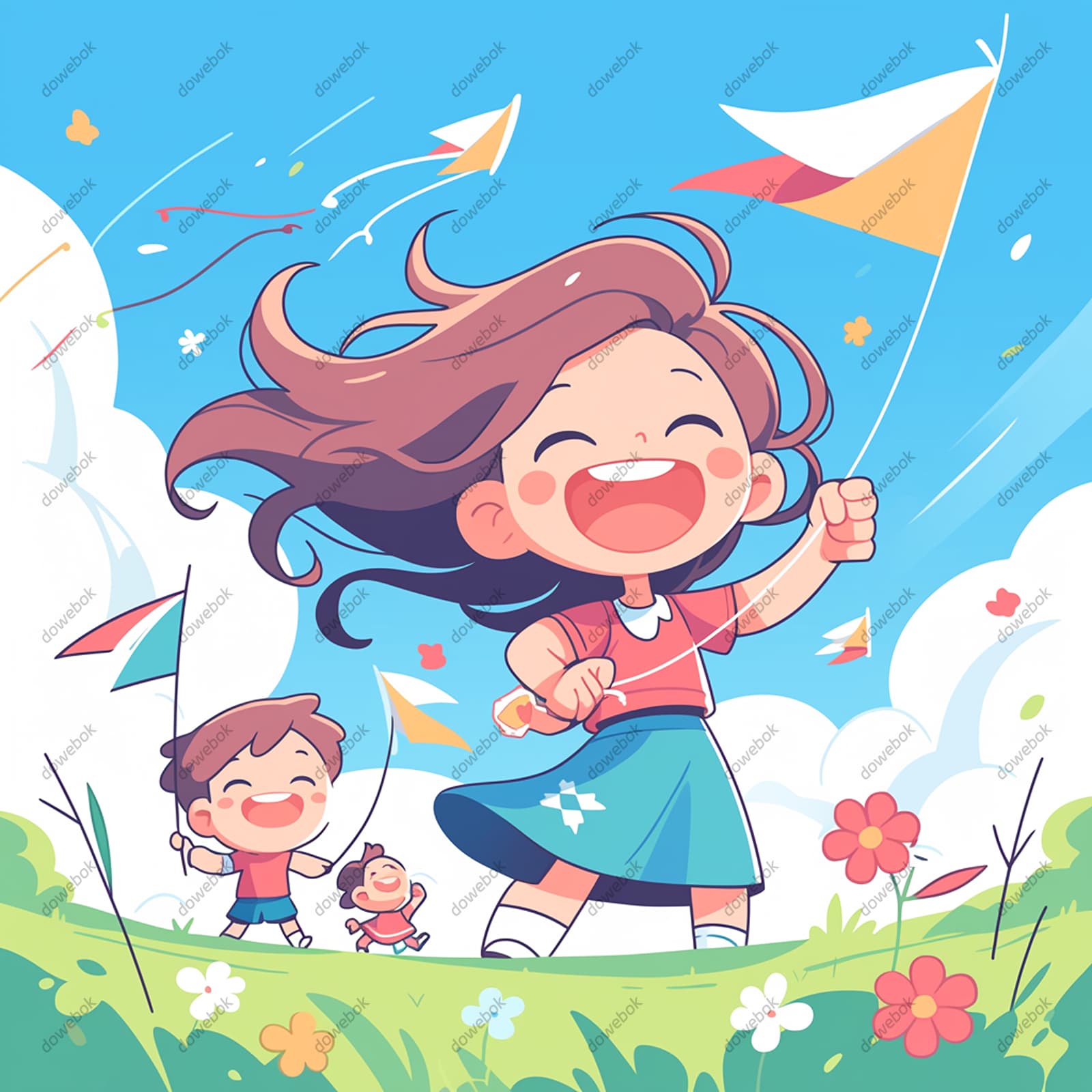 草地上开心放风筝的小朋友矢量素材(EPS)
