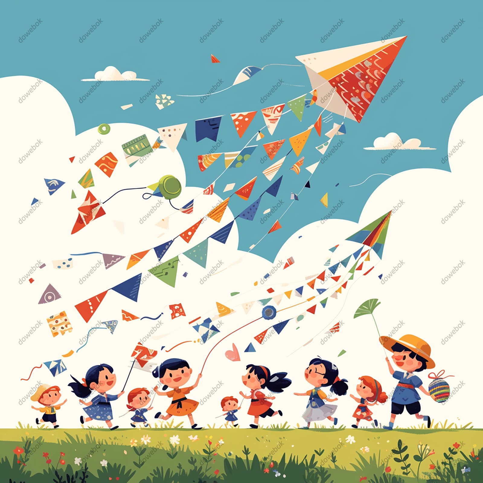 草地上开心放风筝的小朋友们矢量素材(EPS)