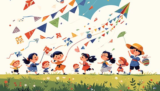 草地上开心放风筝的小朋友们矢量素材(EPS)