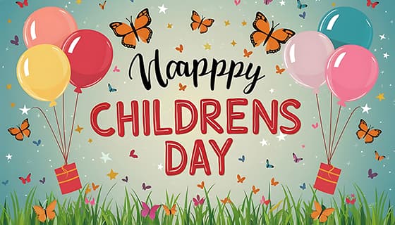 草地上的蝴蝶和气球绑着的礼物设计六一儿童节背景图片素材(JPG)