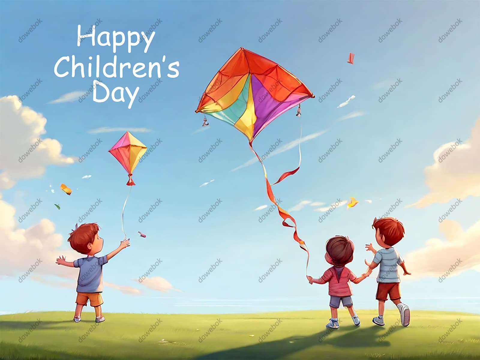 草地上放风筝的小朋友设计六一儿童节图片背景素材(PSD)