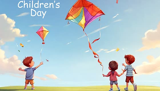 草地上放风筝的小朋友设计六一儿童节图片背景素材(PSD)