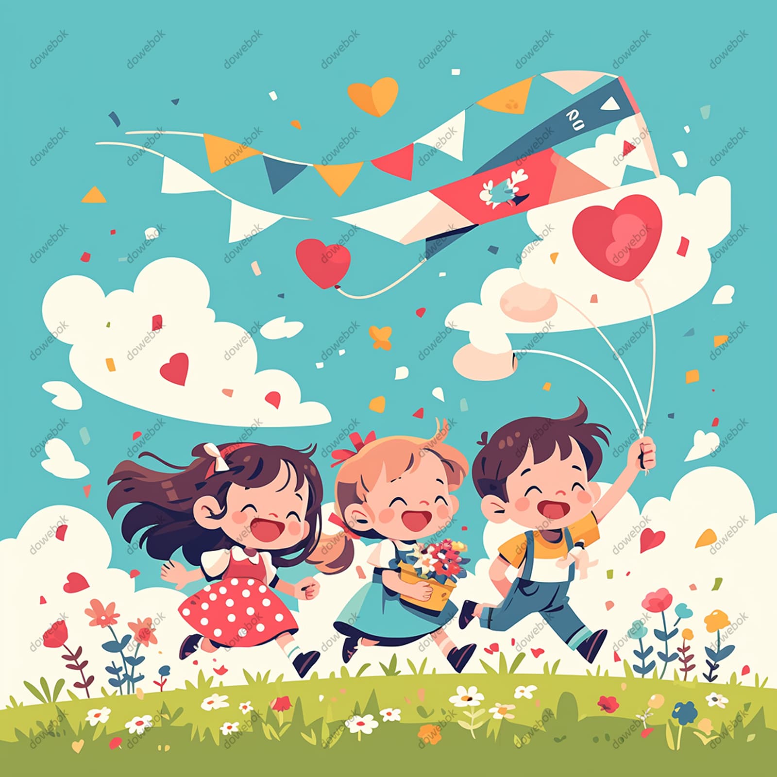 草地上开心放风筝的三位小朋友矢量素材(EPS)