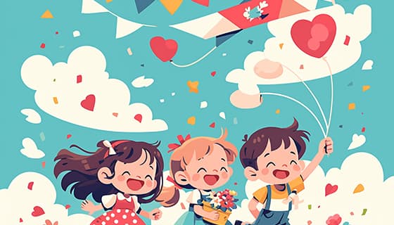 草地上开心放风筝的三位小朋友矢量素材(EPS)