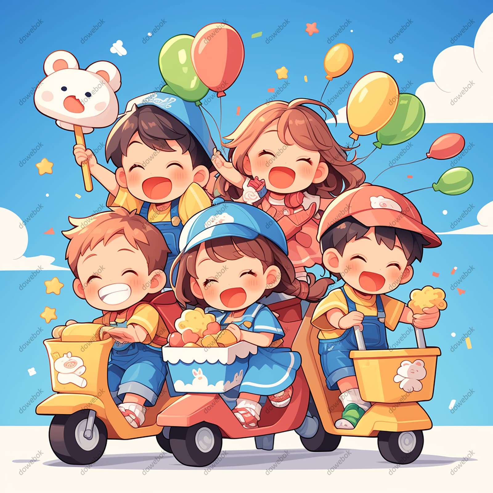 拿着玩具和零食开心大笑的小朋友矢量素材(EPS)