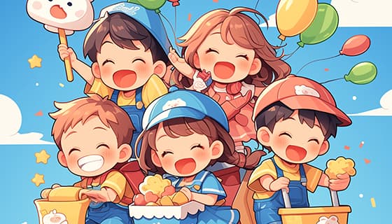 拿着玩具和零食开心大笑的小朋友矢量素材(EPS)