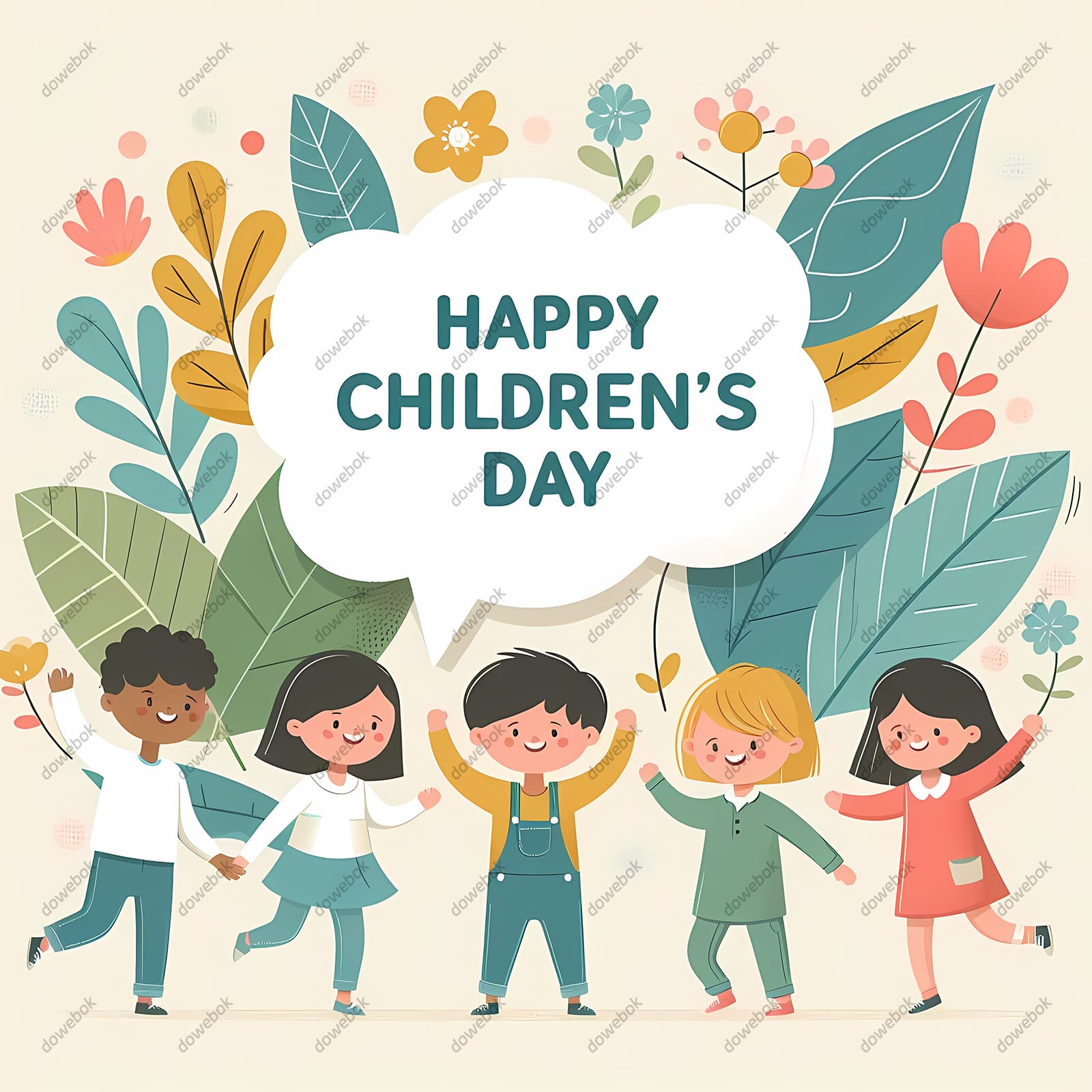 五个小朋友欢快地庆祝六一儿童节图片素材(JPG)