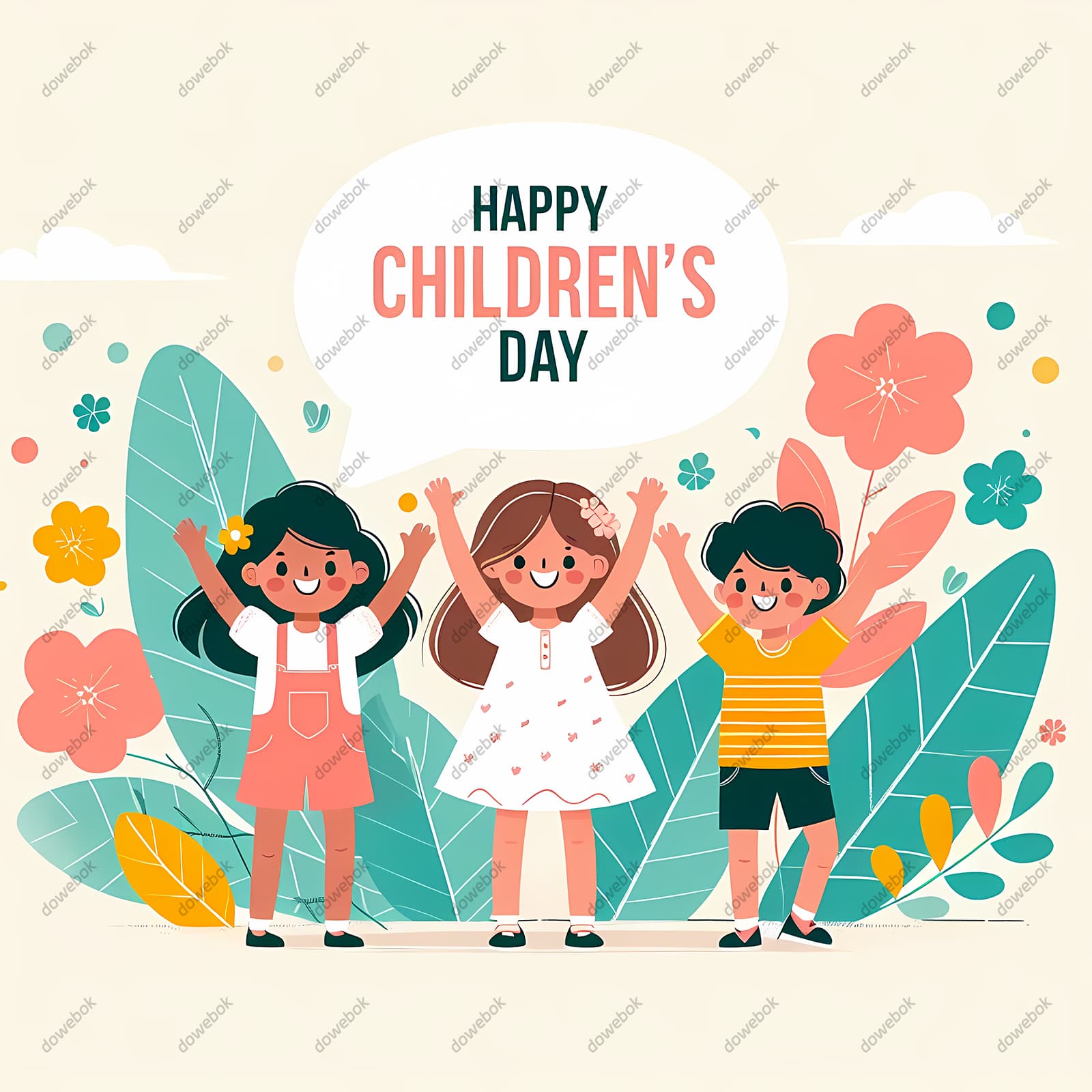 三个小朋友举起双手庆祝六一儿童节图片素材(JPG)