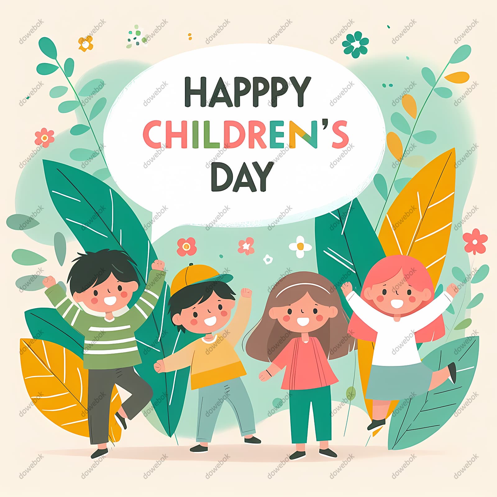 四个小朋友欢快地庆祝六一儿童节图片素材(JPG)