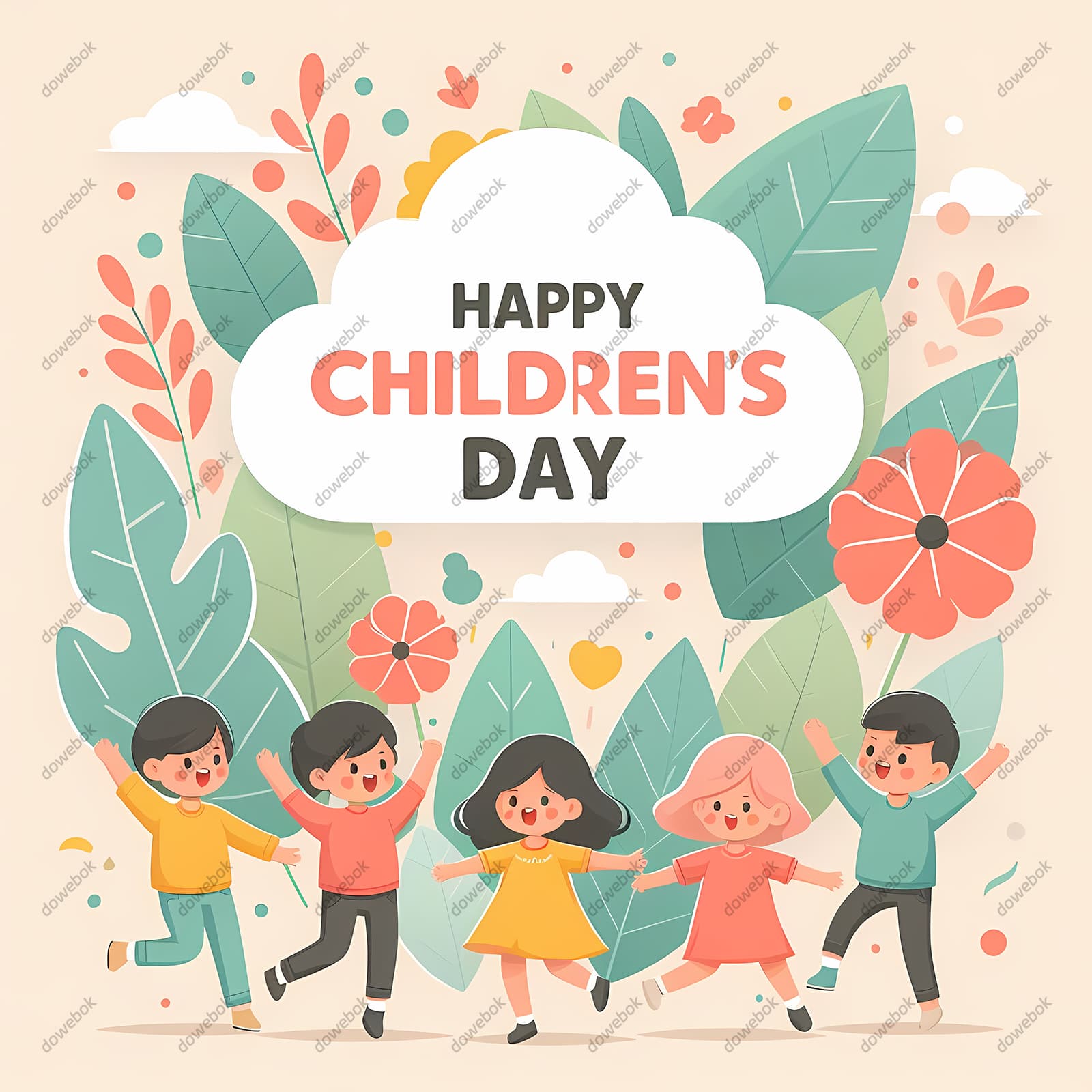 五个小朋友欢快地庆祝六一儿童节图片素材(JPG)