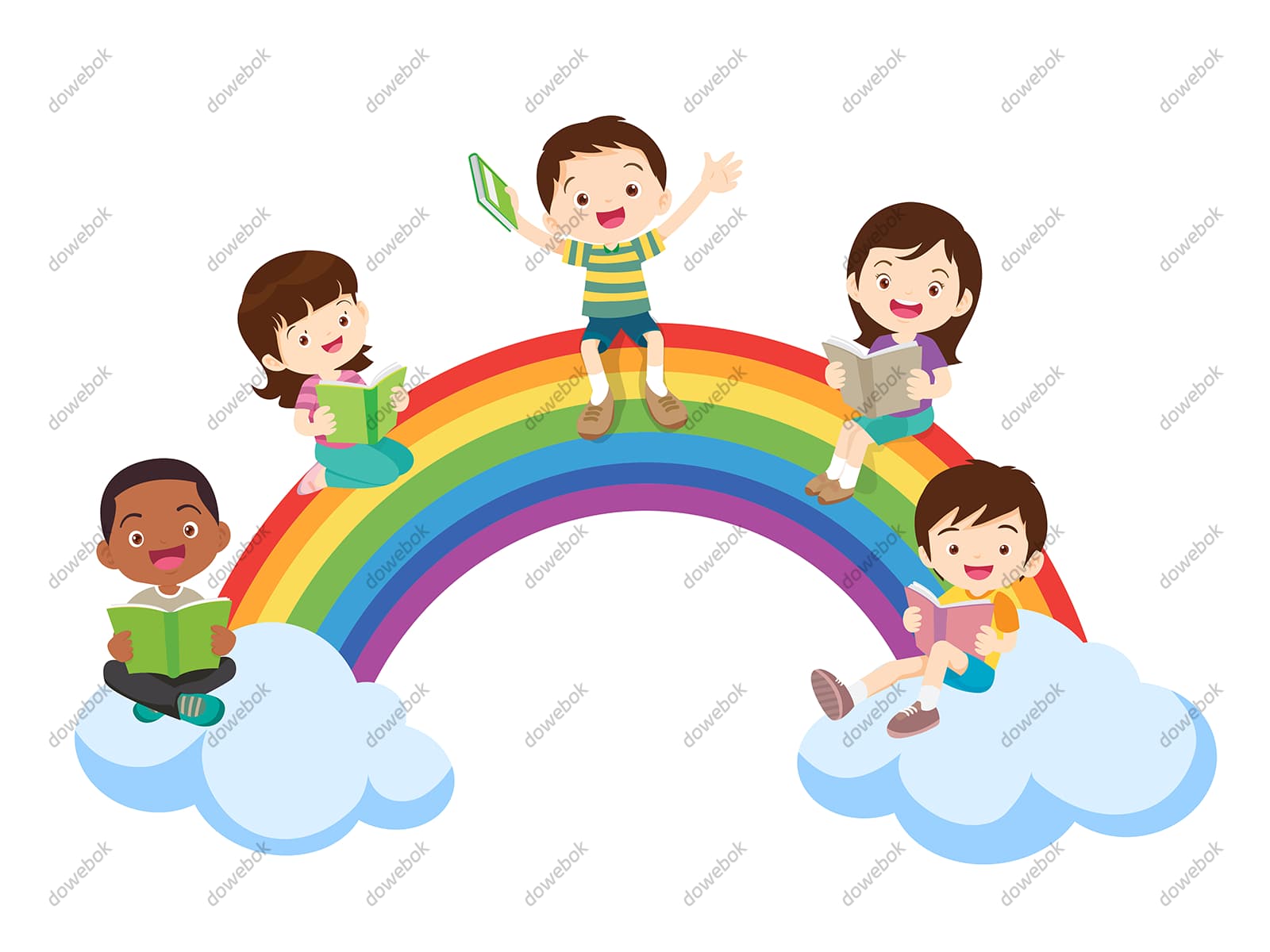 坐在彩虹上看书学习的小朋友矢量素材(EPS)