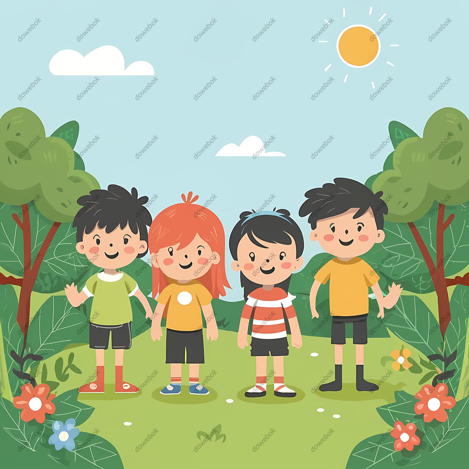 森林里游玩的四个小朋友图片素材(JPG)