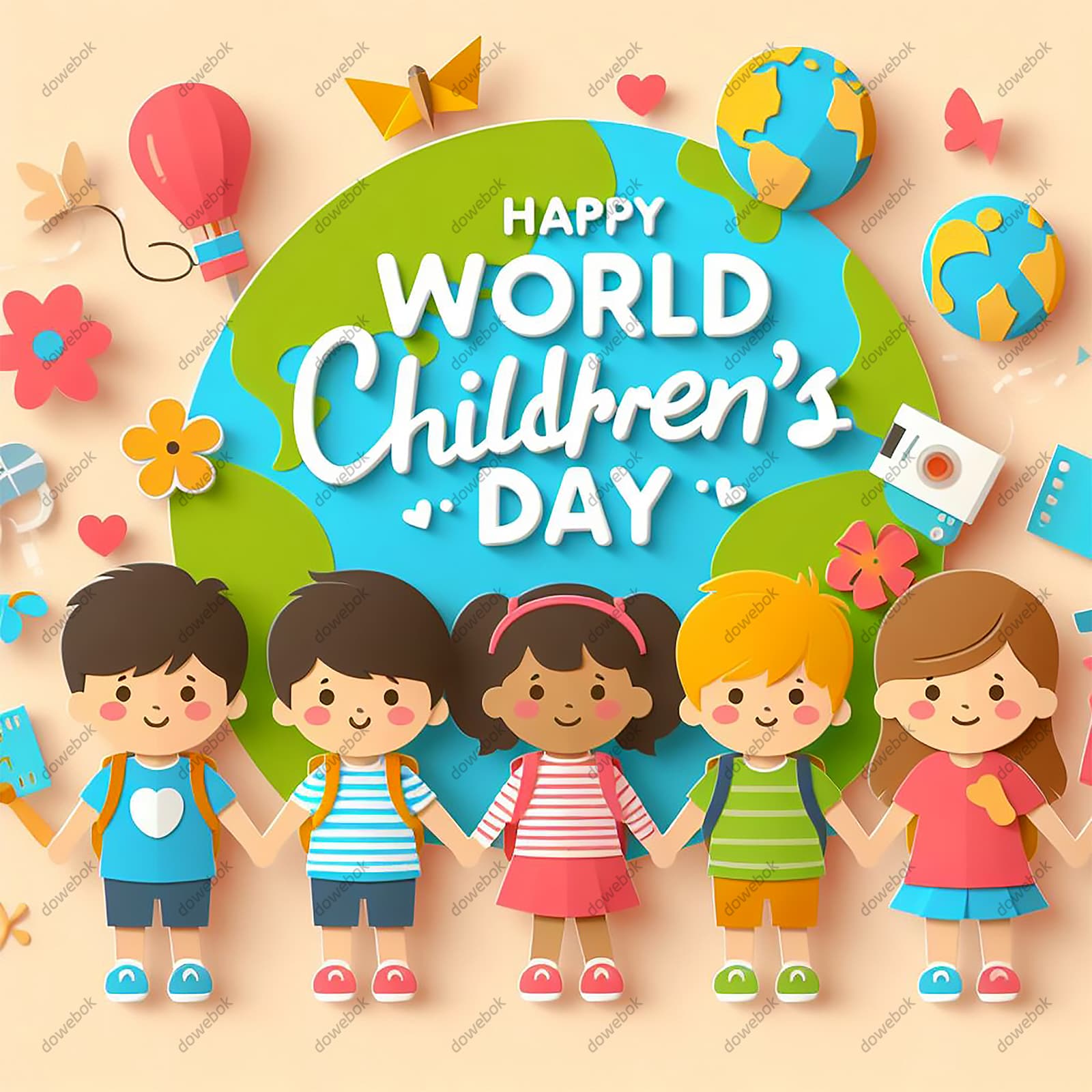 手拉手庆祝六一儿童节的五个小朋友图片素材(JPG)