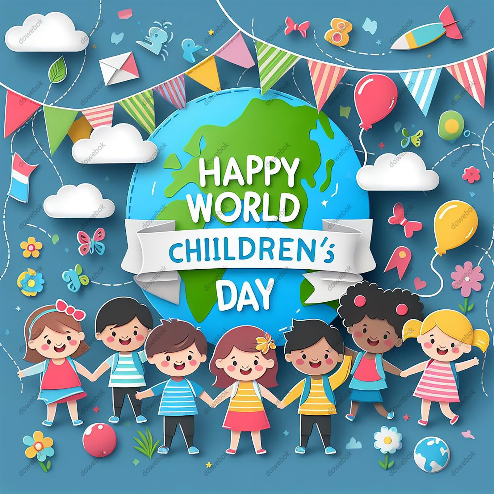 剪纸风格设计庆祝六一儿童节的小朋友图片素材(JPG)